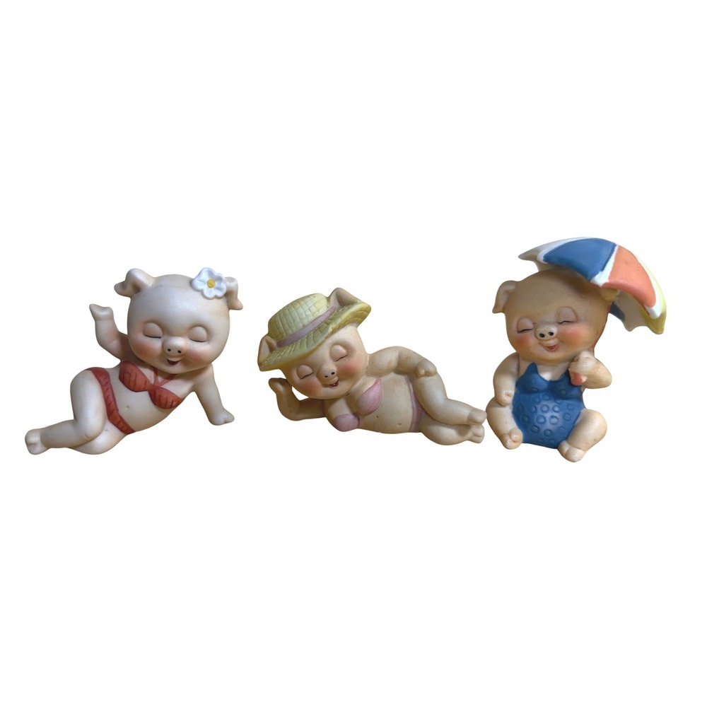 Vintage 1980 Enesco Beach Pigs Figurines Set of 3 Ceramic Sunbathing Piggy